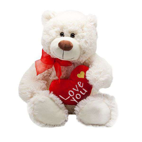 Big 15 Inch White Fluffy Teddy Bear holding Love You Heart